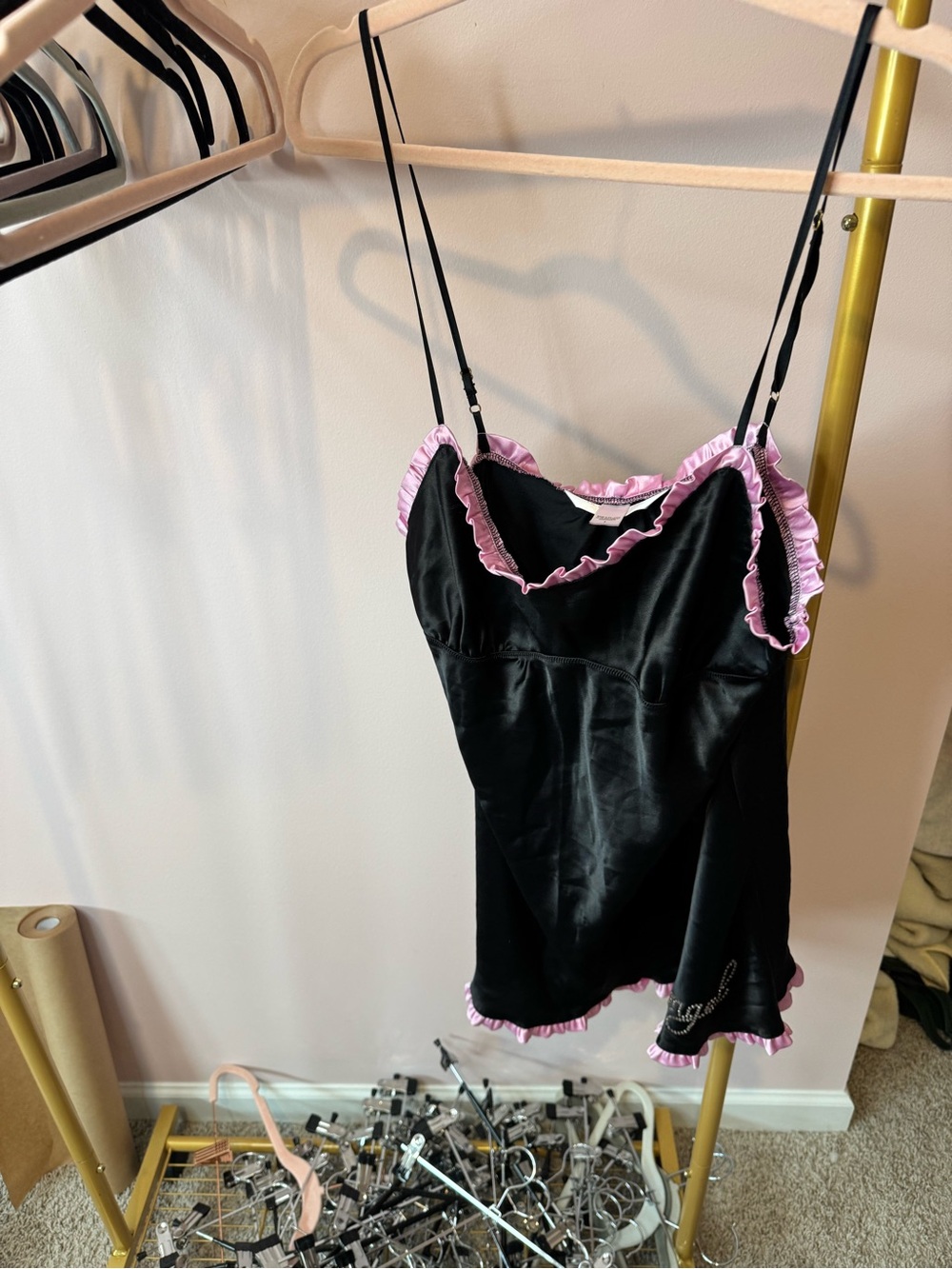 VS Angel Black Slip with Pink Ruffle Trim